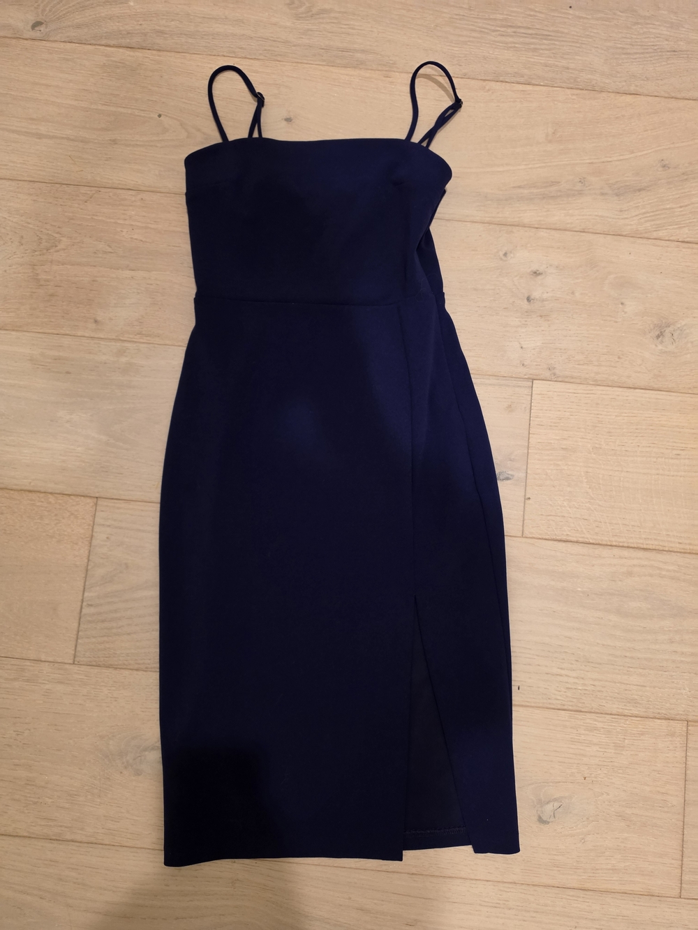 Express Navy Strapless Midi Dress with Spaghetti Straps